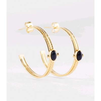 BOUCLES D OREILLES CREOLE ACIER DORE ONYX NOIR