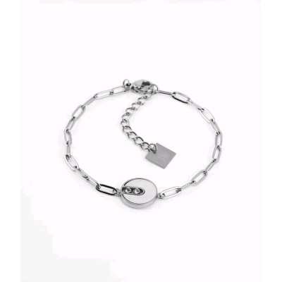 BRACELET SIMPLE–ACIER–Nacre blanche–15+3cm p:11mm