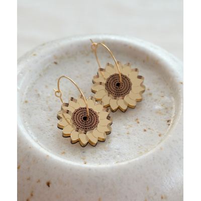 BOUCLES D'OREILLES SUNFLOWERS BOIS + PLEXI DORE