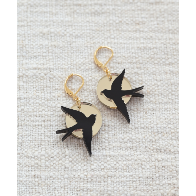 BOUCLES D'OREILLES HIRONDELLES PLEXI NOIR + DORE