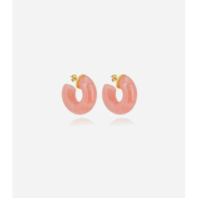 BOUCLE D OREILLE–CREOLE–ACIER DORE–Quartz rose–d30mm